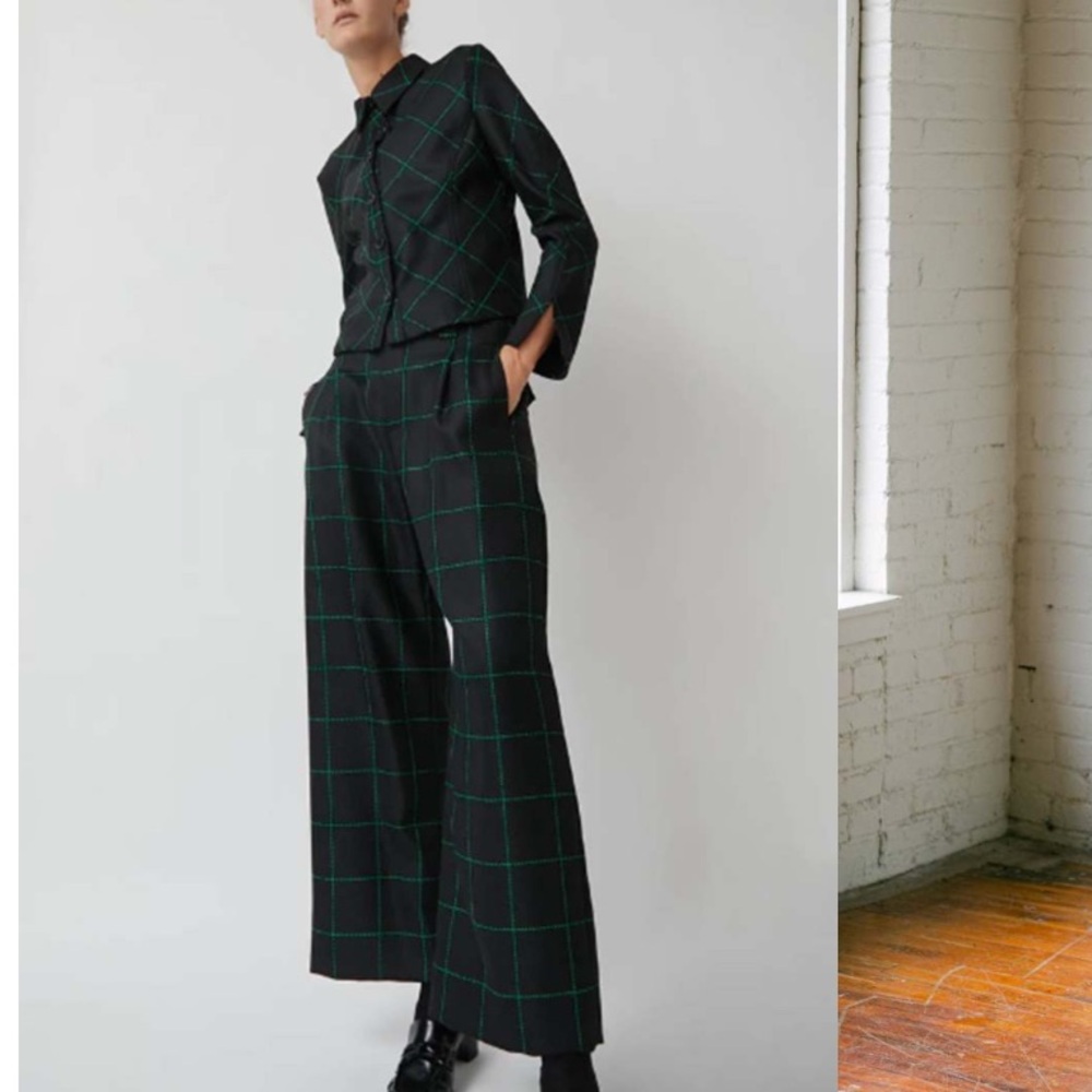 NO.6 KENT PANT Black and Green Plaid Wide Leg in SMALL - Picture 4 of 10
